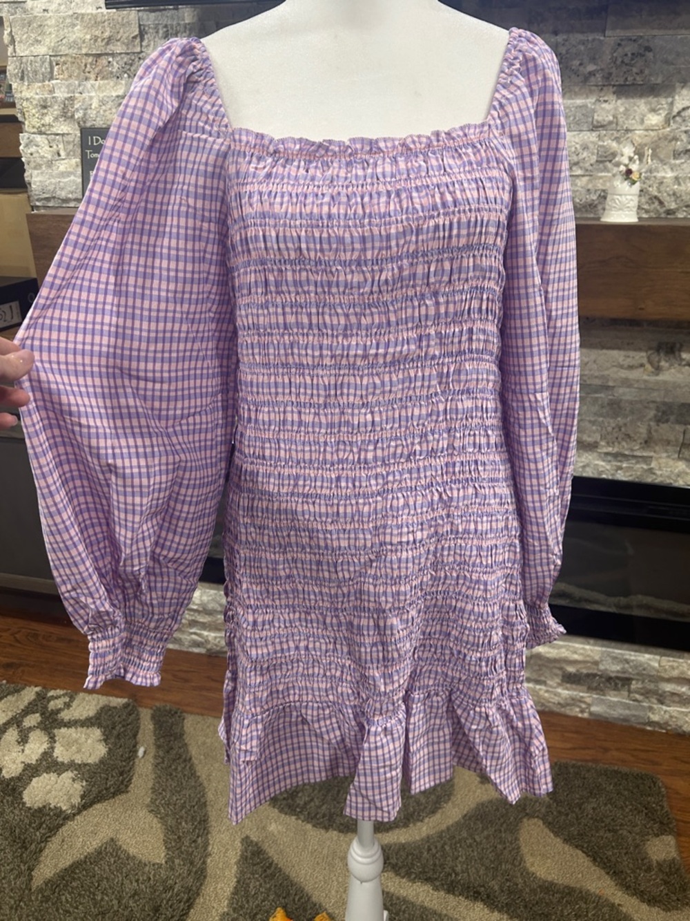 Baevely Lavender Plaid Smocked Long-Sleeve Mini Dress NEW size large